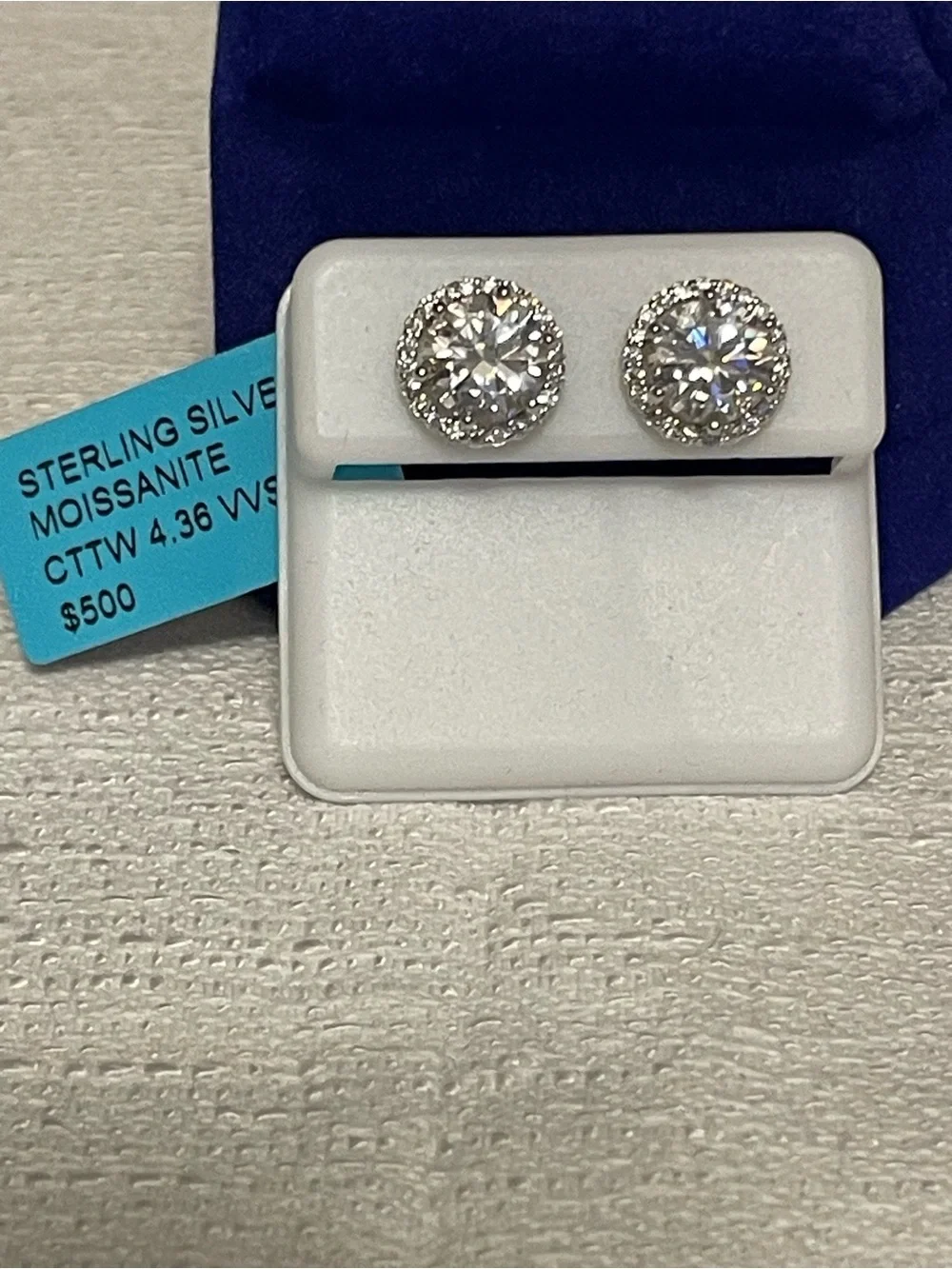 Classic Round Halo Moissanite Stud Earrings 4.36ct UNISEX passes diamond tester - Picture 2 of 5
